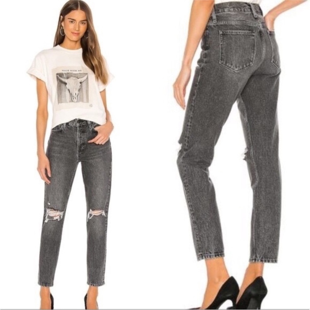Anine Bing High-Rise Charcoal Gray Ripped Mom Jeans - Women
